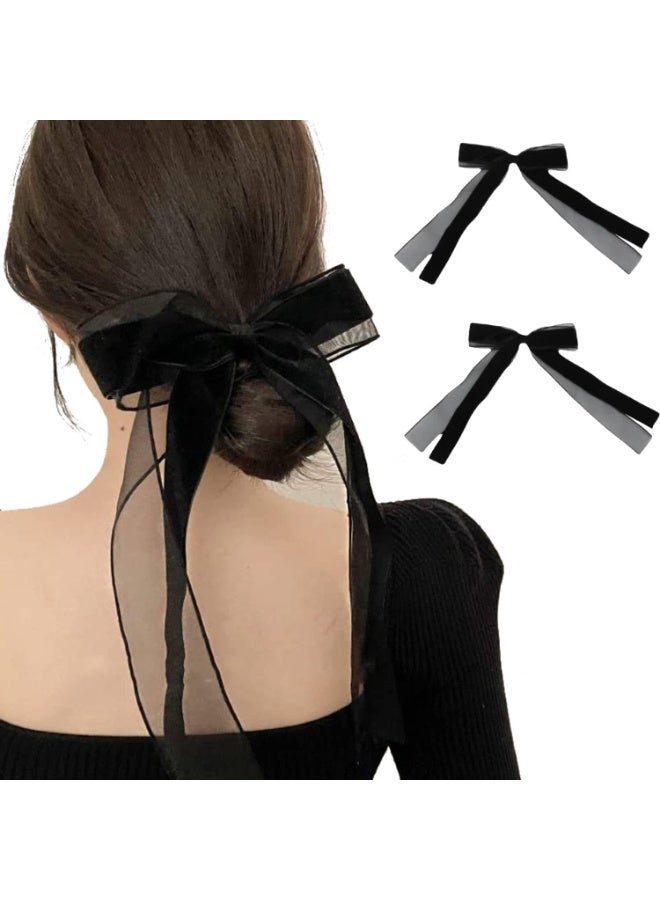 CLENEA 2Pcs Black Hair Bows Clips, Women Bow Hair Clips, Long Velvet Hair Bow, Hair Ribbons, Tails Bowknot Hair Barrette, Snap Hair Clip, Hair Accessories Gift, for Women, Girls, Adult - Image 1
